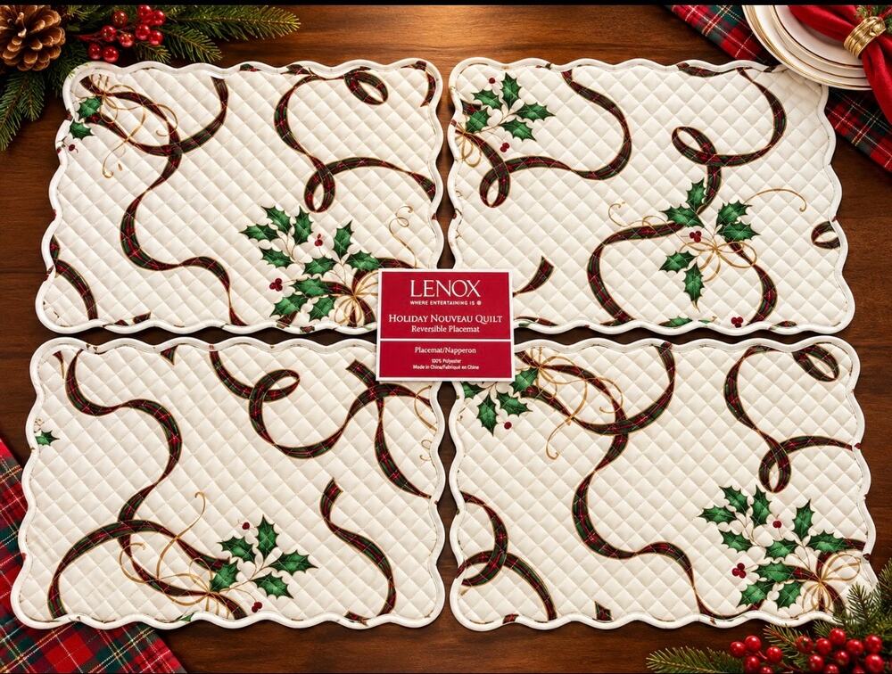 Lenox Holiday Nouveau Quilt Reversible Placemat Christmas Holly Red Green #1